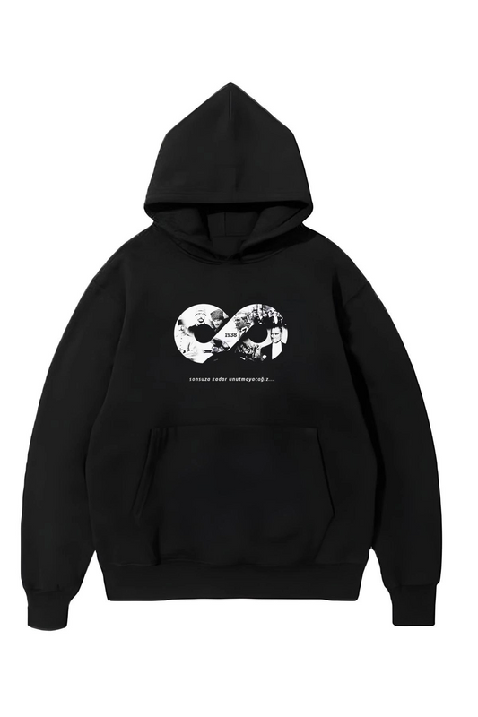 10 Kasıma Özel Üç İplik Kapüşonlu Baskılı SweatShirt - Siyah
