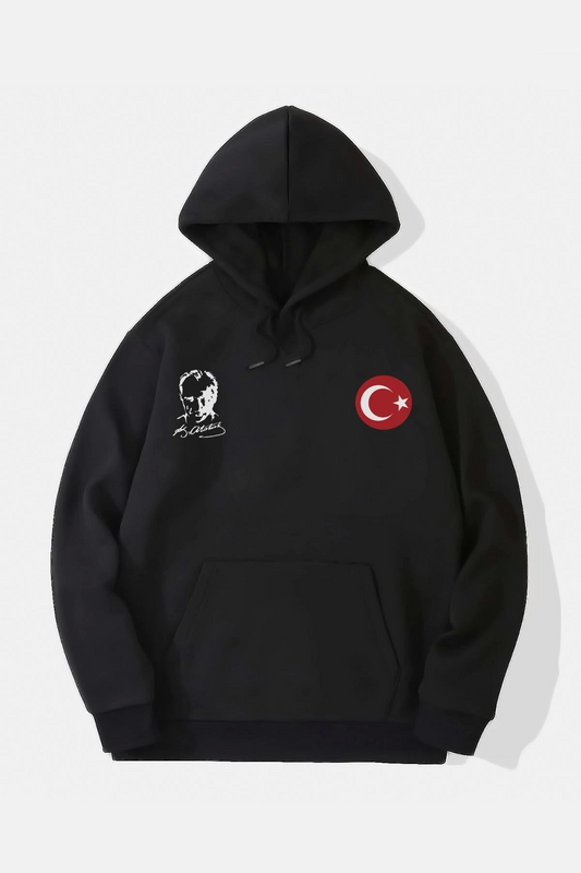 10 Kasıma Özel Üç İplik Kapüşonlu Baskılı SweatShirt - Siyah