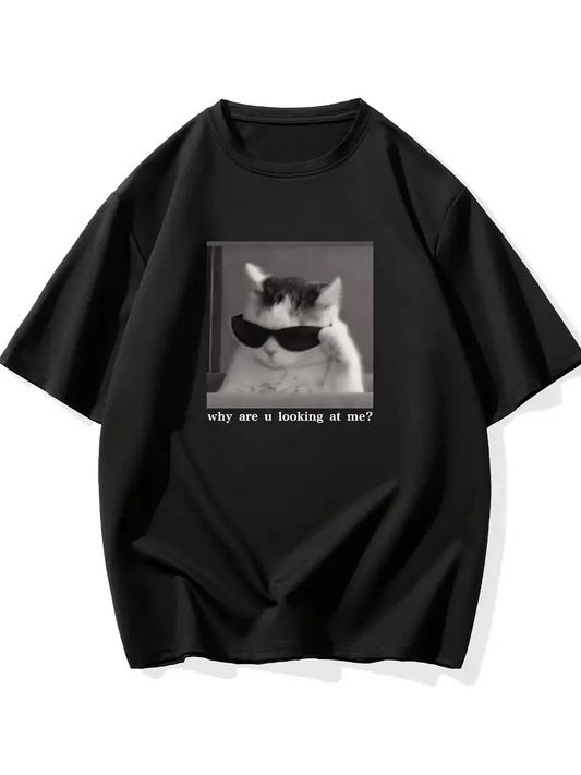 "Neden Bana Bakıyorsun?" Komik Kedi Grafik Tişört - Dijital Baskılı Siyah Bol Kesim Streetwear Tişört, Erkekler için Dört Mevsim Günlük Gömlek - Siyah